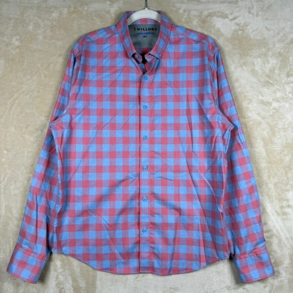 Twillory Untuckable Mens M Large Red Blue Gingham Stretch Button Down Shirt